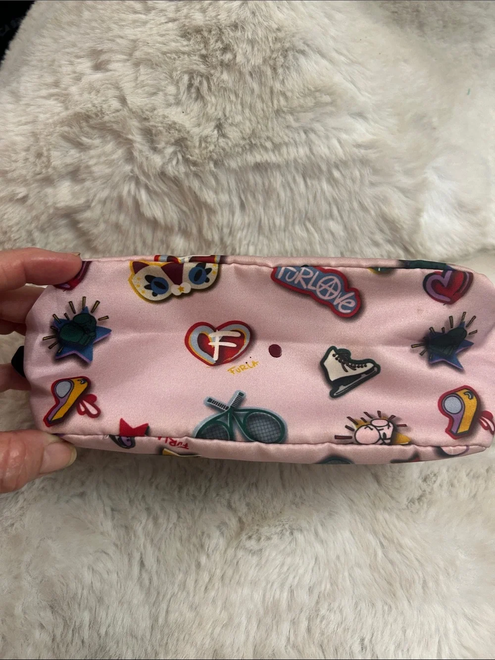 Furla Seasonal pink sticker print canvas clutch, cosmetic bag with mirror/strap